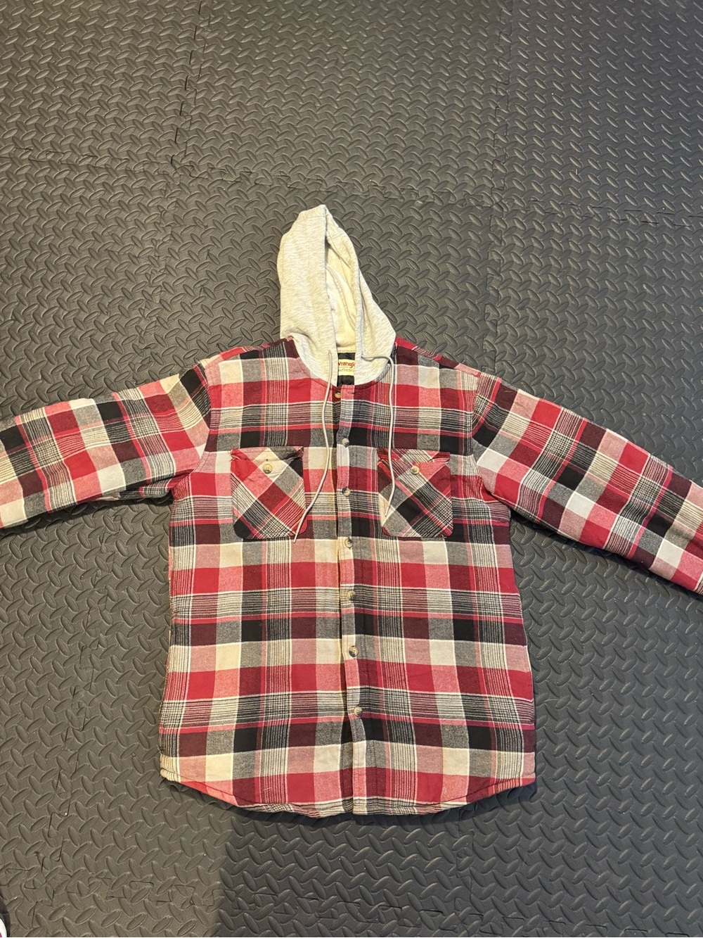 Men’s Red Plaid Hooded Flannel Shirt - Brand: Wrangler